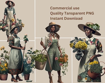 Black Woman in Garden PNG Gardening Melanated Girl Clipart Flowers Grow Dark skin Gardener PNG Grandmother Backyard Garden PNG Black History