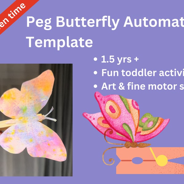 Butterfly Peg Automata Toddler Activity Arts and Fine motor skills Template Pdf Off screen activity Printable toddler game material automata