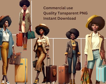 Black Girl Travel PNG Melanated Woman with Suitcase Clipart Dark Skin Voyage PNG Tourist Black Woman Luggage Baggage PNG Illustration