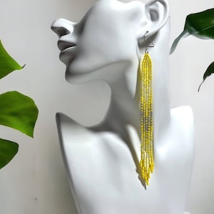 Yellow long beaded earrings Fringe earrings Chandelier earrings Seed bead earrings Ombre earrings Modern earrings Tribal earrings