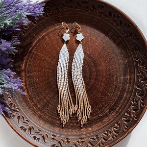 White Gold Long Bead Earrings,bead earrings, Extra Long Fringe Earrings, Wedding Bohemiian Earrings, Seed Bead Handmade Earrings