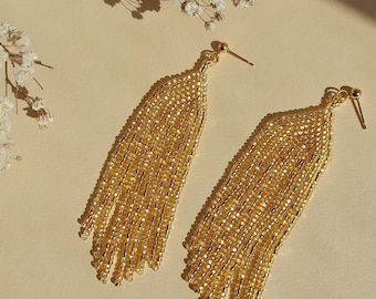 Gold Beaded Fringe Earrings, Sparkle Gold Earrings, Statement Earrings, Evening Earrings, Boho Earrings, Gift for her, Gold Dangle Earrings