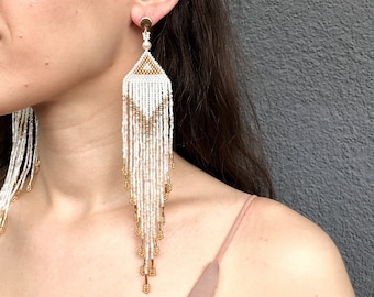 Ivory & Gold Seed Bead Fringe Earrings, Bridesmaid Earrings, Long Fringe Wedding Earrings, Ivory Extra Long Earrings, Bohemian Earrings