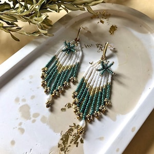 Ombre Seed Bead Fringe Earrings: Turquoise Boho Beadwork