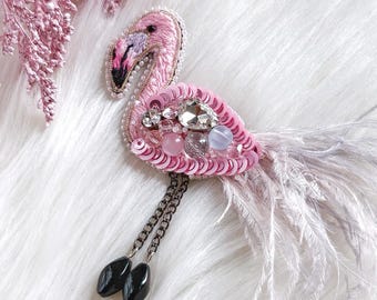 Pink Embroidered Flamingo Brooch, Unique Beaded Bird Pin, Tropical Bird Jewelry, Statement Pin Talisman, Christmas gift for her, Lapel Pin