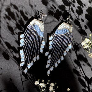 Blue Ombre Earrings, Long Beaded Earrings, Seed Bead Fringe dangle earrings, Statement earrings, Bohemian Earrings, Chandelier Earrings