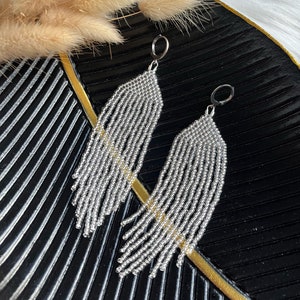 Silver beaded fringe earrings Sparkle seed bead earrings Statement earrings Evening earrings Boho earrings Gift for her Dangle earrings
