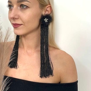 Black Tassel Earrings, Flower Earrings, Black Statement Earrings, Bohemian Black Floral Long Drop Earrings, Long Black Fringe Earrings