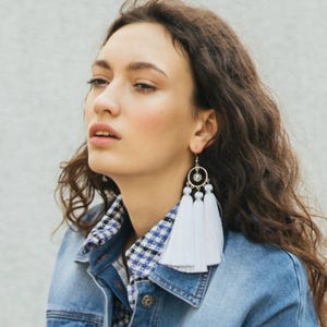 Chunky White Tassel Earrings: Bold Bridal Fringe Drop Earrings, Bohemian Festival Jewelry