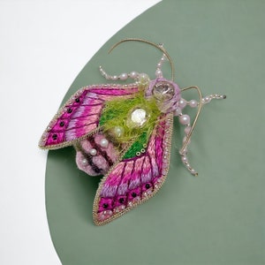 Embroidered pink cicada brooch Beaded pin Butterfly large pin for women jacket Handmade Butterfly brooch Insect brooch Statement jewelry