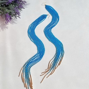 Extra Long Blue Gold Beaded Earrings, Strand Boho Earrings, Minimalist Long Dangle Earrings, Boho Beaded Earrings, Shoulder duster earrings