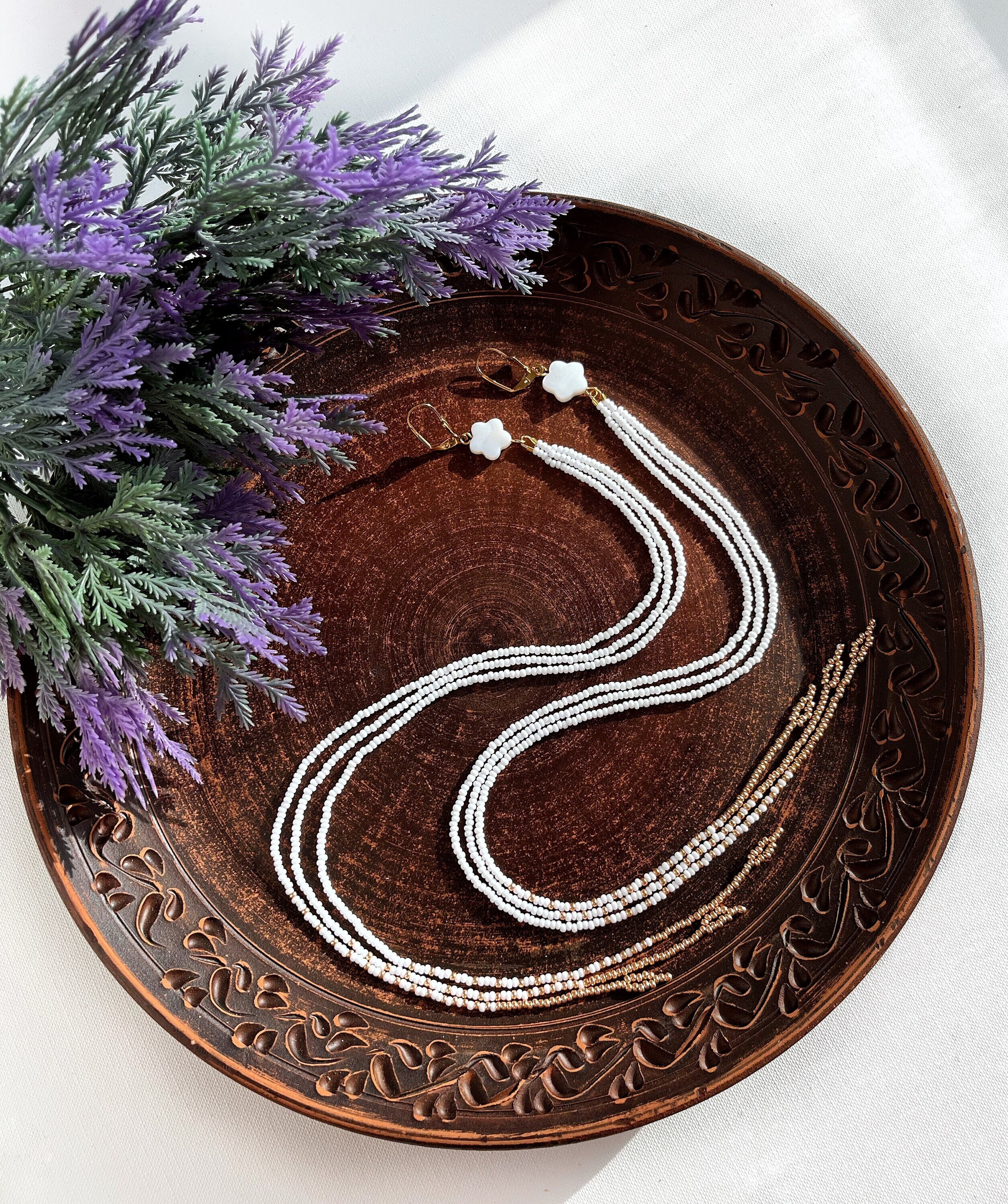 white gold extra long bead earrings, fringe seed bead earrings, handmade earrings, Mother of Pearl flower earrings, shoulder duster earrings