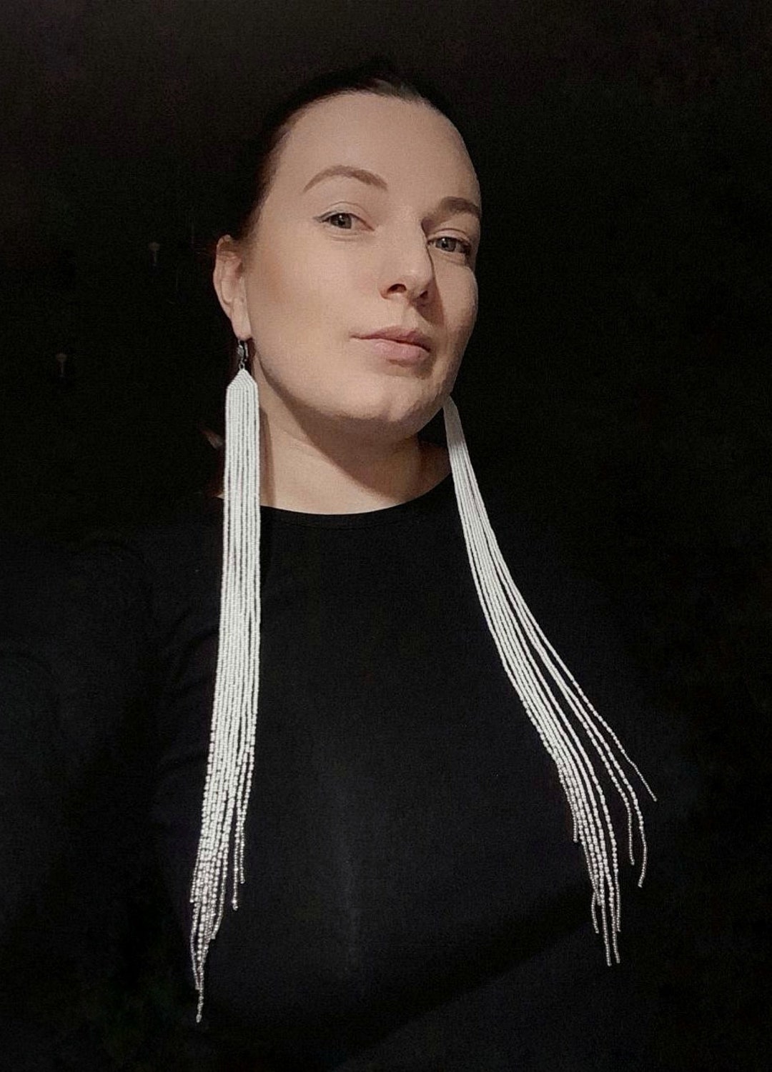 White Extra Long Beaded Earrings, Shoulder Duster Earrings, Fringe