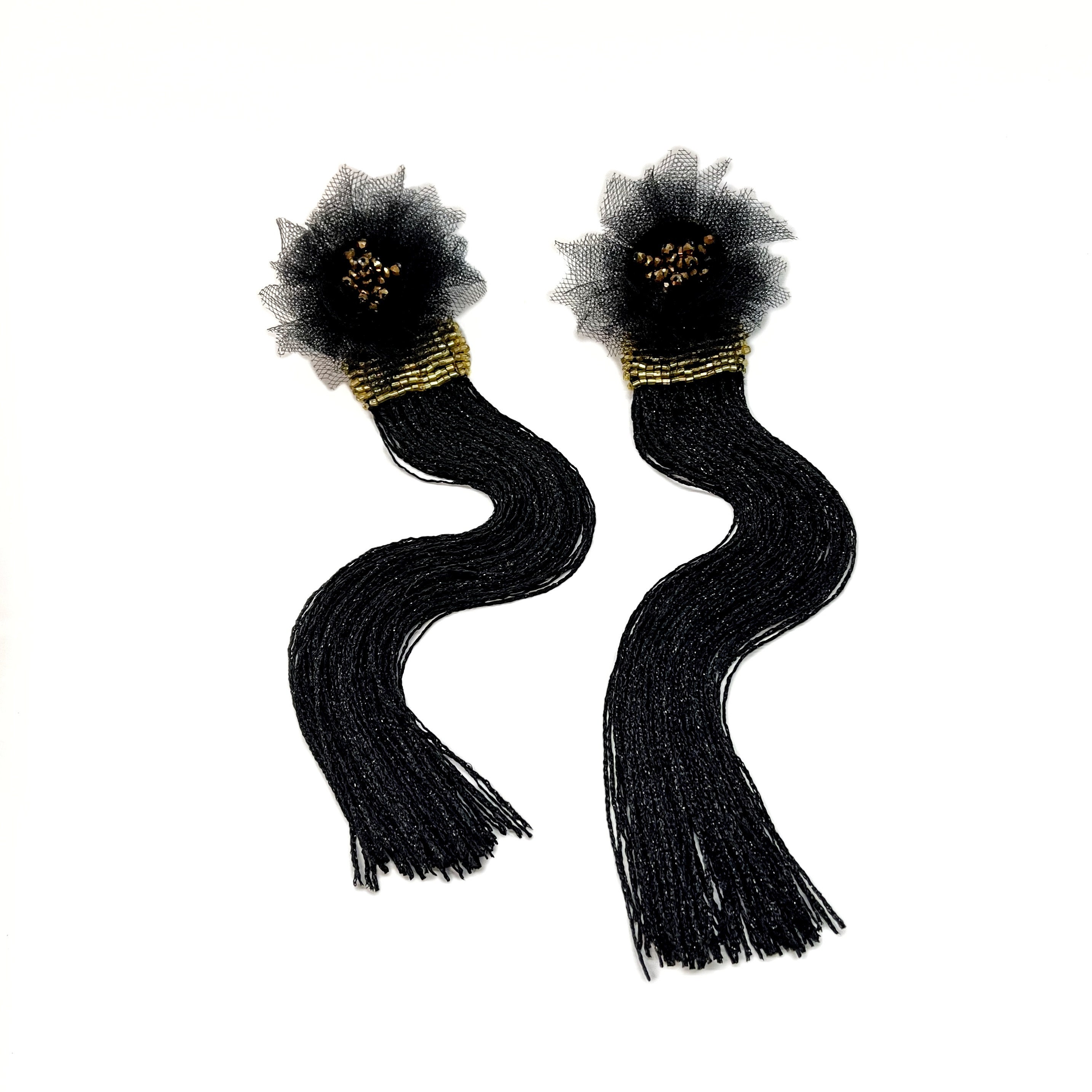 Elegant Black and Gold Floral Tassel Earrings Handmade Gold Plated Filigree Mexican Earrings With Silk  main image 3