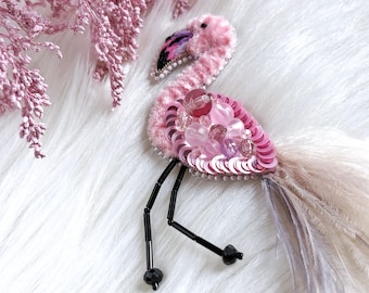 Pink Embroidered Flamingo Brooch, Unique Beaded Bird Pin, Funny Bird Jewelry, Statement Pin Talisman, Christmas gift for her, Lapel Pin