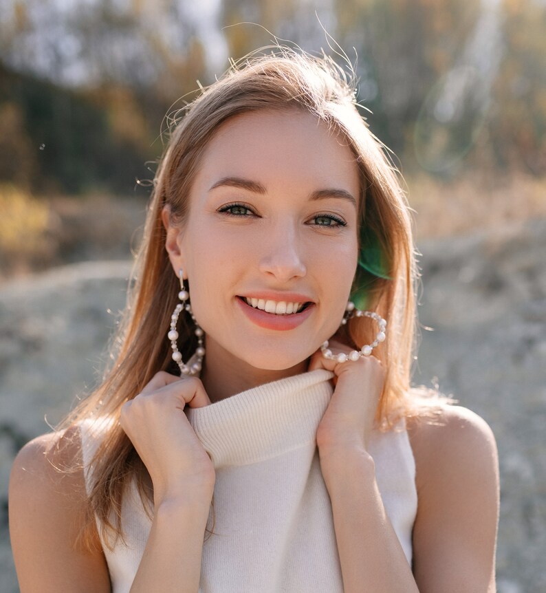 Large Pearl Hoop Earrings Bridal Pearl Hoop Earrings Etsy