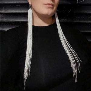 White extra long beaded earrings, Shoulder duster earrings, Fringe earrings, Boho earrings, Seed bead earrings, Handmade earrings