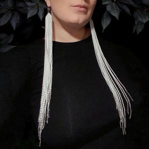 White Extra Long Seed Bead Earrings: Shoulder Duster Boho Fringe Earrings