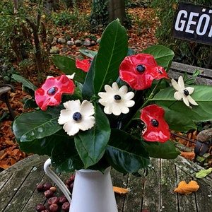 Può includere: Un'anfora di ceramica bianca piena di un bouquet di fiori di ceramica rossa e bianca. I fiori sono disposti in un vaso su un tavolo di legno con castagne marroni sparse intorno alla base.