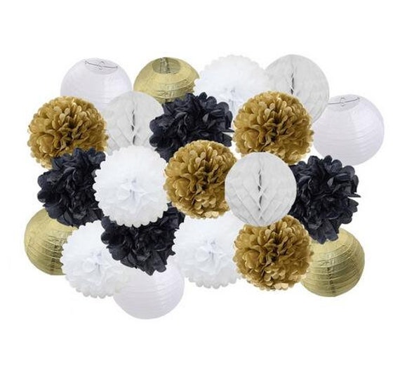 Black Gold Party Decoration 21pcs Set Round Paper Lantern Etsy