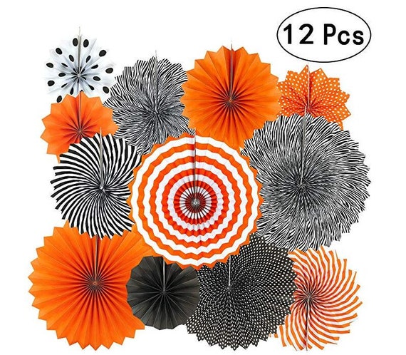 Black Orange Party Hanging Paper Fans Party Ceiling Hangings Halloween Baby Shower Birthday Wedding Party Decorations 12pc