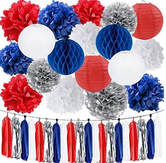 22 Pcs Nautical Party Decor Navy Blue Red White Silver Tissue Etsy