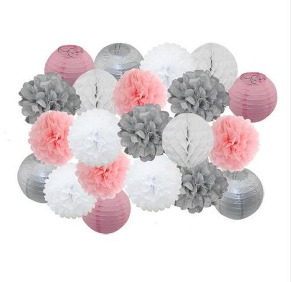 10PCS Mixed Grey Pastel Pink White Paper Lantern /& Pom Poms Flower Nursery Baby Girl Shower Wedding Birthday Party Hanging Decoration