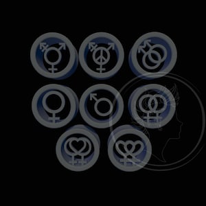 May include: Nine gray circular buttons with different gender symbols, including male, female, transgender, peace sign, and heart symbols.