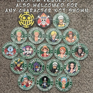 May include: A collection of circular stickers featuring anime-inspired coffee branding. Each sticker displays a character with a coffee cup and text. The top text reads: CUSTOM REQUESTS ALSO WELCOMED FOR ANY CHARACTER NOT SHOWN. The designs include various logos and character names.