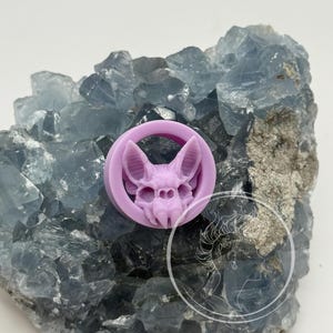 Puede incluir: Un expansor de oreja de silicona morado con un diseño de calavera de murciélago detallado.