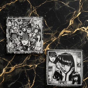 May include: Two square coasters featuring black and white manga-style illustrations. The left coaster displays a dense collage of various faces and spiral patterns. The right coaster shows a central figure with a distorted face surrounded by panels.