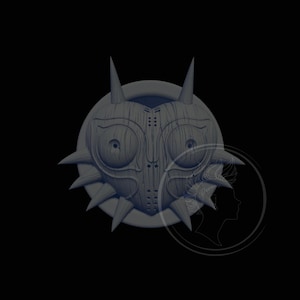 Könnte beinhalten: Ein 3D-gedrucktes Modell der Majora's Mask aus der Videospielserie The Legend of Zelda. Die Maske ist grau und hat ein detailliertes Design mit scharfen Spitzen und einem bedrohlichen Ausdruck.