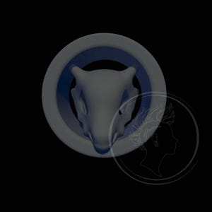 May include: A white ceramic animal head sculpture, possibly a fox or a wolf, is set against a dark blue background. The sculpture is framed by a white ring.