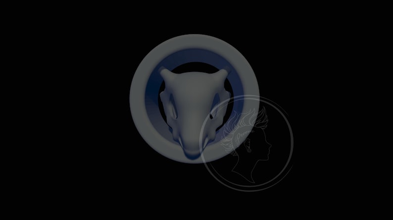 May include: A white ceramic animal head sculpture, possibly a fox or a wolf, is set against a dark blue background. The sculpture is framed by a white ring.