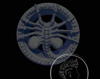 May include: A gray alien creature with a segmented body and multiple legs is depicted in a circular design. The alien is surrounded by a ring of raised bumps, creating a textured effect.