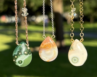 Ocean Jasper NECKLACE, Herkimer Diamond Necklace, Orbicular Ocean Jasper, Sterling silver, Yellow Gold  ,Rose gold filled-Crystal Lover Gift