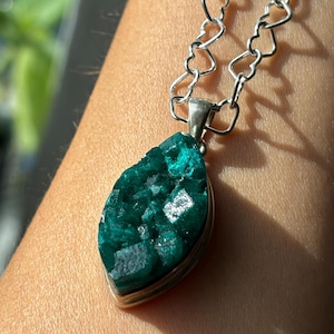 Raw OOAK Dioptase Necklace - Druzy Crystal Heart Link Sterling Silver NECKLACE- Heart Chakra -Crystal Lover Jewelry Gift for her