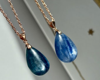 Blue Kyanite Necklace, Rose Gold Necklace, Tear Drop Gemstone, Teal Kyanite , Throat Chakra Healing crystal gift for her