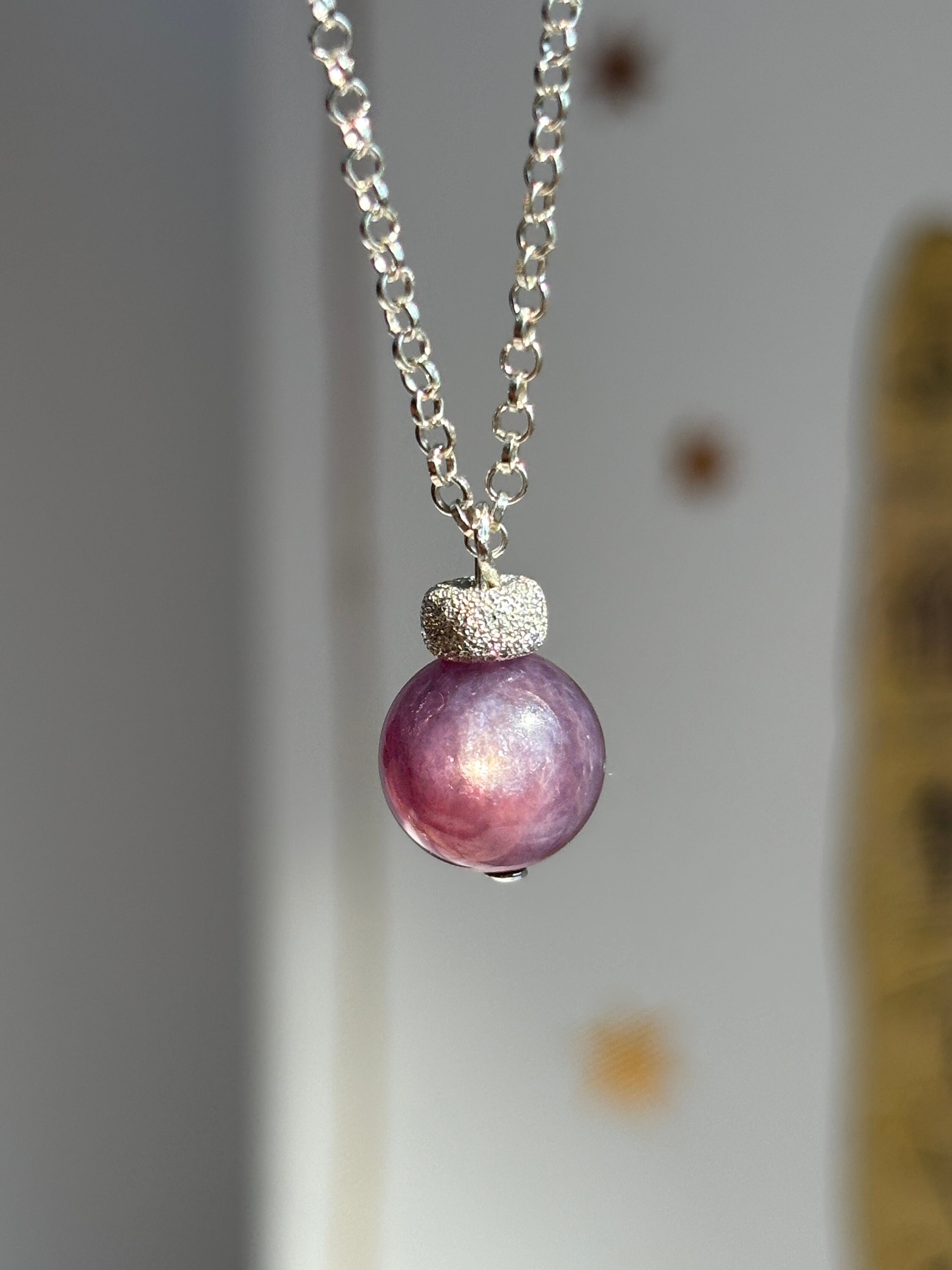 Gem Lepidolite Mica Minimalist Necklace , Dainty Charm  Lepidolite Minimal Setting 925 Gemstone Necklace main image 0