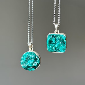 Raw OOAK Dioptase Necklace, Sterling Silver , Stainless Steel chain, Druzy Crystal, Heart Chakra -Gift for her
