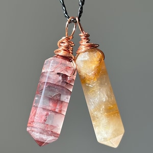SET of Fire quartz & Golden Healer Quartz Pendants-Hematoid Quartz Point Double Terminated Crystal/Red Phantom Necklace - Black Steel Chain