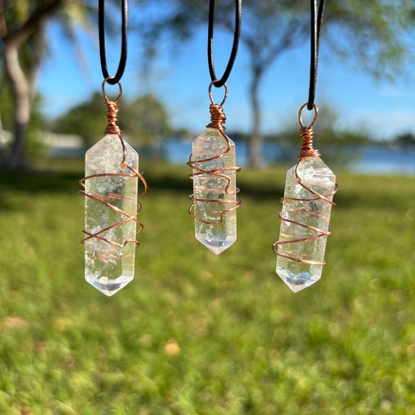 Copper Wire Wrapped Clear Quartz PENDANT - Double Terminated Crystal NECKLACE  Point -Black leather Cord