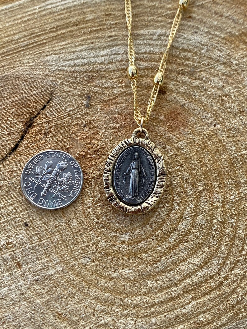 Virgin Mary Necklace religious jewelry Miraculous Mary|-on a gold filled beaded 16\u201d chain or a black leather cord Mother Mary Necklace
