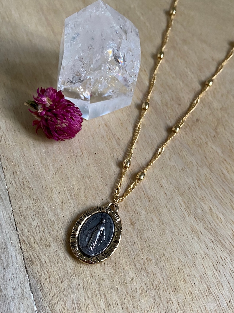 Virgin Mary Necklace religious jewelry Miraculous Mary|-on a gold filled beaded 16\u201d chain or a black leather cord Mother Mary Necklace