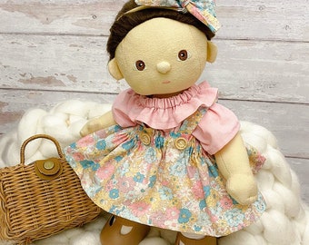 Dinkum Doll Clothes - Pinny Skirt & Blouse Set Delilah Floral Fabric - FREE HAIR BOW included