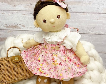 Dinkum Doll Clothes - Pinny Skirt & Blouse - Springtime Floral Fabric - FREE HAIR BOW Included