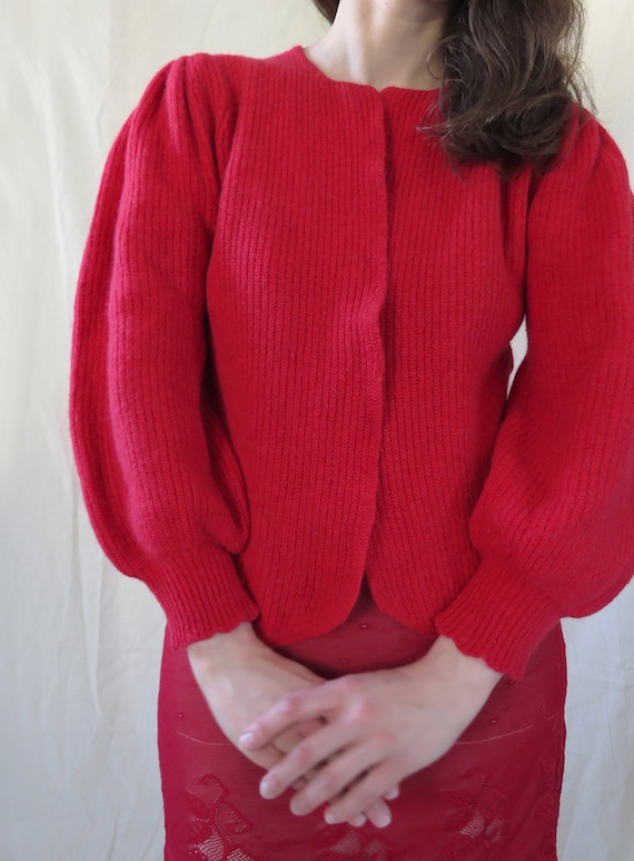 80s red balloon sleeves lambswool blend cardigan /