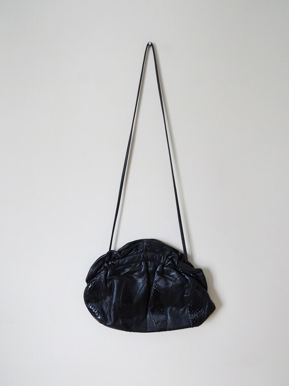 80s black leather shoulder bag with leaves patchwo