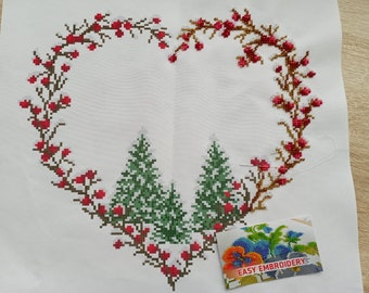 Christmas Heart beaded cross stitch beginner, Fabric with Pre-Printed Pattern for beadpoint , New Year's Tree 3d embroidery kit