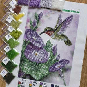 Op de afbeelding: Een kralenborduurpakket met een bedrukt canvas van een kolibrie bij paarse ochtendgloriebloemen. De set bevat twaalf genummerde plastic zakjes met kleine glaskralen in de kleuren paars, groen, geel, bruin en wit.
